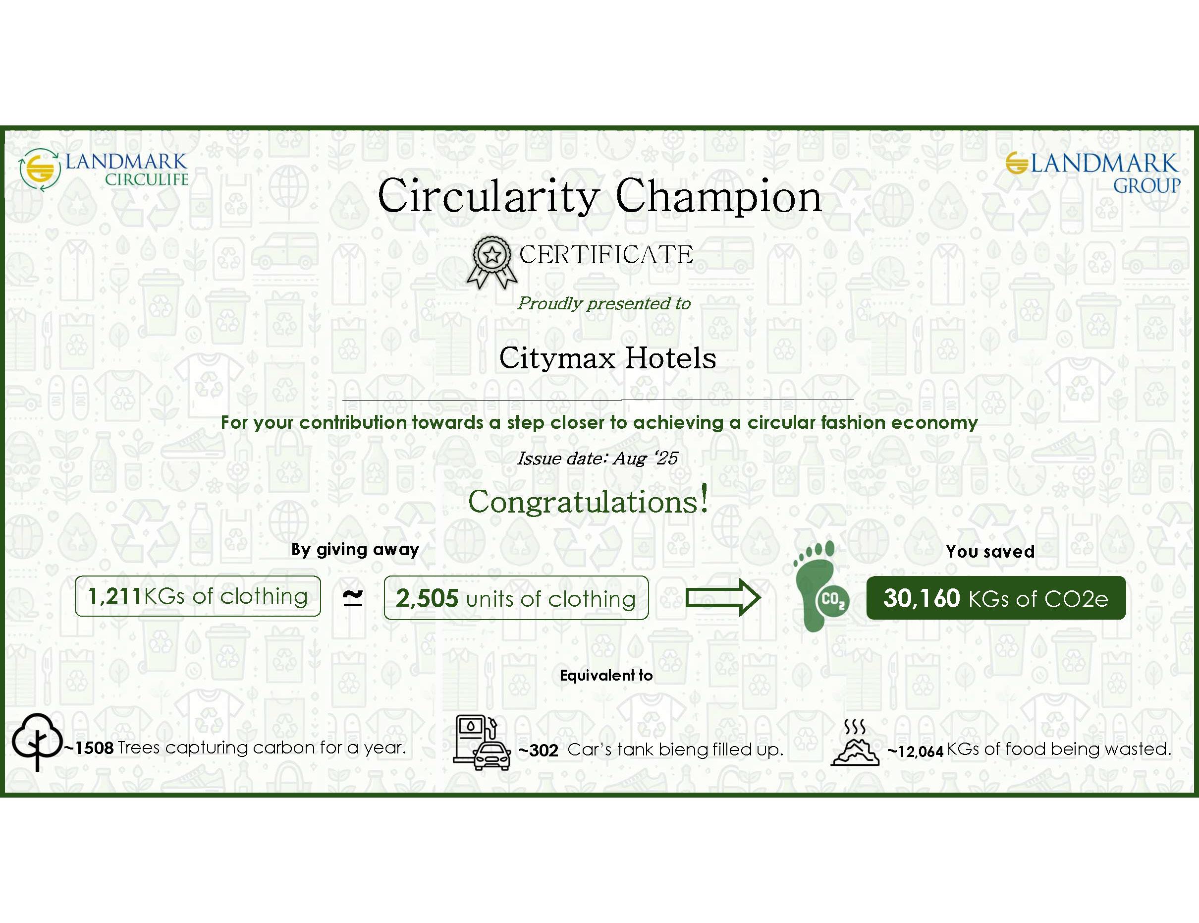 Certificate awarded to Citymax Hotels for recycling 1,211 kg of textiles and supporting a circular fashion economy.